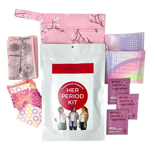HER-MINE First Period Kit for Girls 10-12 for school - Sanitary Pads, Wipes, Panty Liners, Disposal Bags and Zippered Carry-all Bag (1-Pack with16 Items, Bag Color Varies)