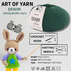 Art of Yarn Denim 55% Cotton,45% Poliacrylic, 4 Skeins Total 200gr (7,055 oz),640m (699 yds),Soft & Smooth Yarn Sport – Fine(2) for Crocheting, Knitting, Amigurumi, Baby Blankets, Baby Garments 99992