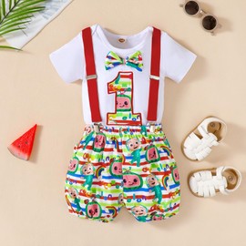 Highnesson-ww Baby Boy Funny First Birthday Clothes Infant Clothes Bow Tie crown onederful Romper Pants Set Suspenders Outfits