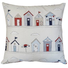 Beach Hut Print Cushion Cover. 17x17 inch Square Decorative Scatter Pillow. Cute Seaside Design in Nautical Red & Blue. Cover Only.