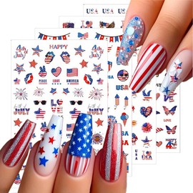 8Sheets 4th of July Nail Art Stickers Independence Day Nail Decals 3D Self-Adhesive USA Flag Patriotic Design Stickers Butterfly Star Heart Firework Eagle Nails Drecoration for Women DIY Manicure