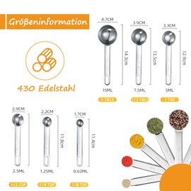 6 Stück Messlöffel-Set, Edelstahl Messlöffel, 6 Measuring Cups Metall Messlöffel mit Skala, Gewürzlöffel Esslöffel Dosierlöffel für Klein Trockenrationen Flüssigkeiten Backmessen Feststoffe
