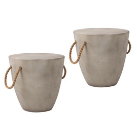 COSIEST Set of 2 Outdoor Cup Shaped Side Table, Concrete Side Table w Hemp Rope Handles,17''Patio Side Tables End Table, Outdoor Accent Side Table for Garden and Patio, Grey