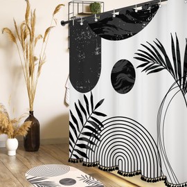 GiuMsi Boho Mid Century Leaf Shower Curtain Set,Arch Sun Design,Minimalistic Leaves Pattern,Waterproof and Luxurious Fabric-12 Hooks(Black-72" x 84")