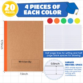 Henoyso 20 Pcs Primary Composition Notebook for Kids 9.75 x 7.5 Inch K-2 Primary Journal Writing Journal with Rainbow Spine 60 Pages Draw and White Journal for Student School Supplies (Bright Color)