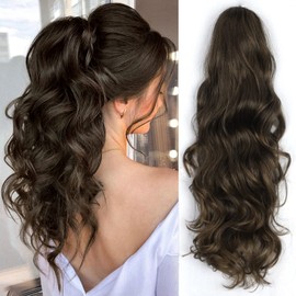 Long Ponytail Extension Claw Clip in Long Medium Ash Brown Curly Wavy Ponytail Hair Extension for Women Brown Pony Tail for Daily Use