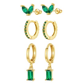 Gold Huggie Earrings for Women Emerald Green Earrings 14k Gold Cartilage Tiny Small Gold Hoop Earrings Emerald Baguette Stud Earring Set Women