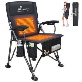 MENOLY Heated Camping Chair, Portable Heated Folding Chair, Heated Seat and Back Chair with Cup Holder, 4 Large Pockets for Outdoor Activities, 3 Heat Levels, Supports 300lbs, Battery NOT Include