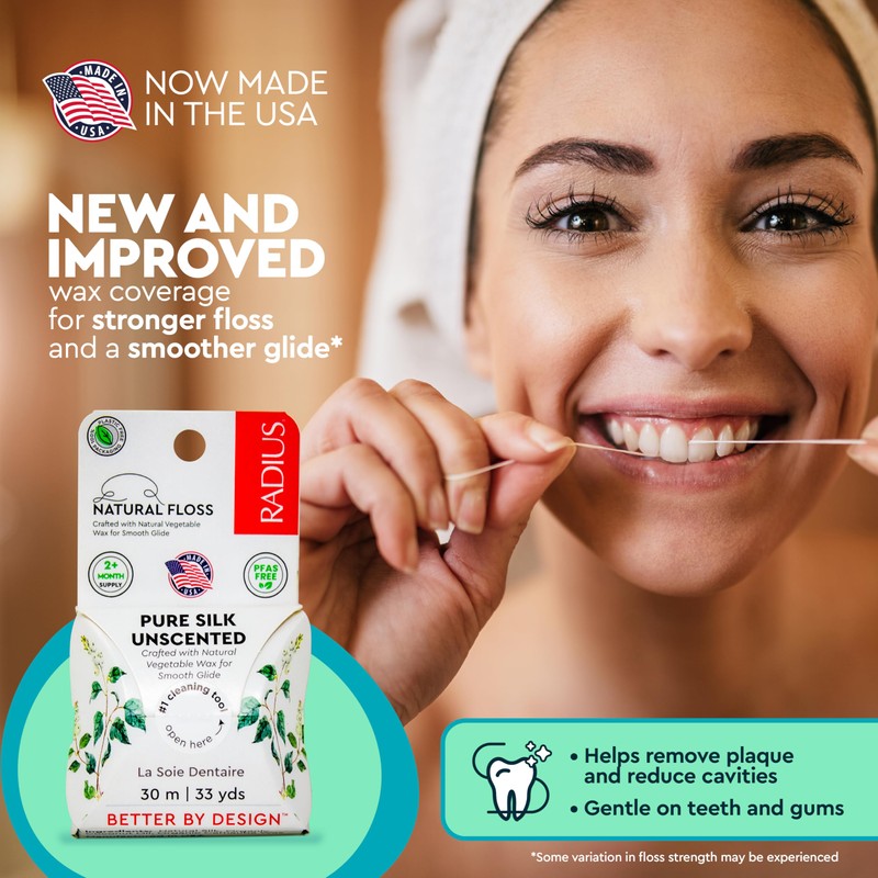 RADIUS Dental Floss, Natural Floss, Unscented Silk, 33 Yards, Compostable