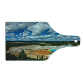 Lunarable Yellowstone Cutting Board, Grand Prismatic Pool at Parkland with Fluffy Clouds and Blue Sky Nature Scenery, Decorative Tempered Glass Cutting and Serving Board, Wine Bottle Shape, Multicolor