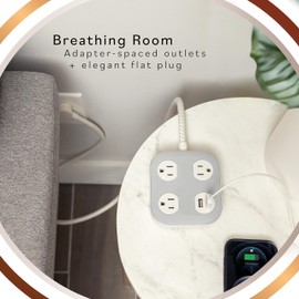 Cordinate Adapt 3 Widely Spaced Multiple Outlets Power Strip 2 USB Ports Braided 4 ft Extension Cord Flat Plug Electrical Extender for School Dorm Room Home Office, Gray, 78847