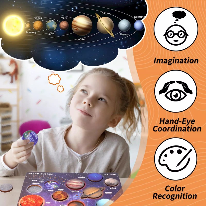 BLAZPATH Wooden Solar System Puzzle for Kids 3-5 Montessori Planet