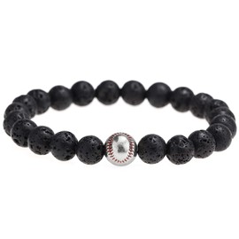 Suyi Men's Lava Stone Bracelet Baseball Beaded Bracelet Elastic Sports Gifts Silver
