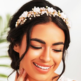 Woeoe Flower Wedding Hair Band Gold Crystal Headband Pearl Beaded Birthday Party Prom Headpiece Hair Accessories for Bride and Bridesmaid