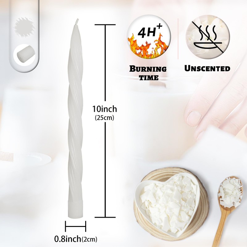 Handmade Unscented Long Spiral Taper Candle White 10 Inch Smokeless