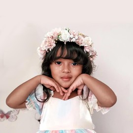 PoshMyra Flower Crown for Girls Birthday Party Children Floral Headpiece Kids Headband Wedding Holo Hair Accessories Photo Prop Soft Pink Headband