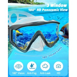 Greatever Snorkel Set Pano 3 Window Snorkel Mask Adult, Panoramic Wide View, Anti-Fog Scuba Diving Mask, Anti-Leak Snorkel Goggles Dry Top Snorkel, Professional Snorkeling Gear for Adults