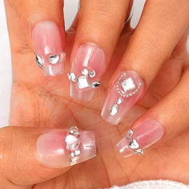 Sethexy Pink Rhinestone Handmade Fake Nail Medium Coffin Gradient False Nails with design Acrylic Glossy Press on Nail Salon Nails for Women and Girls 10PCS(U)