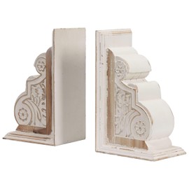 1 Pair Rustic Distressed Finish Wood Bookends, White Bookends Decorative Unique, Carved Pattern Farmhouse Book Ends for Shelves, Bookend for Heavy Books, Wooden Corbels for Home Room Decor