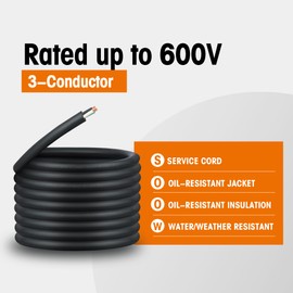 GOMEN 25 Feet 12 Gauge 3 Conductor SOOW Portable Power Cable 600V, 12/3 12 AWG Heavy Duty Electrical Wire, Water and Oil Resistant Electric Cord