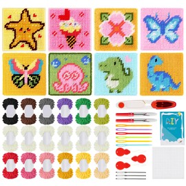 ilauke Cross Stitch Set, Embroidery Kit for Children Beginners, 8 Pieces Plastic Canvases with 18 Coloured Threads, 9 Embroidery Needles, 3 Needle Threaders, 2 Seam Rippers, Instructions for DIY Art,