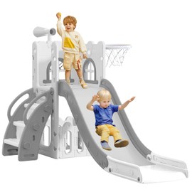 LulliSpace 6 in 1 Toddler Slide,Kids Climber Slider for Indoor Outdoor Playground with Basketball Hoop,Storage and Telescope,L Shaped Slide for Toddler Climber Playset