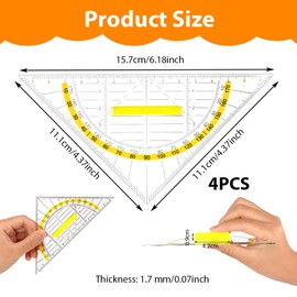 Vicloon Set Square, 4pcs 45°Triangle Ruler, Transparent Plastic Triangular 180° Protractor, Geometry Set for Student Teacher School Office Math Classroom (Yellow)