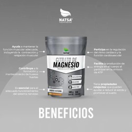 NATSA Citrato De Magnesio Polvo Grado Alimenticio 500 g, Ultra Puro, Sabor Natural, Calidad Premium