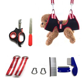 kinla Cat Grooming Hammock Harness, Pet Grooming Restraint Bag with Cat Nail Clippers, Nail File and Cat Flea Combs. Dog Grooming Sling for Putting on Cat Paw Covers and Nail Trimming（Black, M