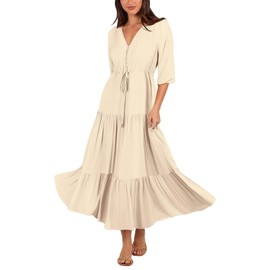 Womens Summer V Neck Maxi Long Dress 2025 Fashion Casual Flowy Boho Beach Vacation Sundress Apricot