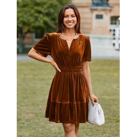 Simplee Fall Velvet Wedding Guest Cocktail Dresses for Women 2024 Women's Prom Fit and Flare Skater Mini Dress Casual Short Sleeve V Neck Empire Waist Cocktail Dress with Pockets (Burnt Orange M)