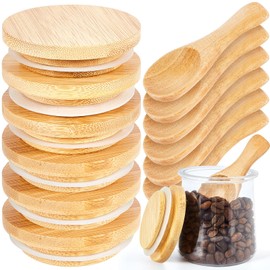 Mumufy 12 Pcs Yogurt Jar Lids with Small Spoons Bamboo Jar Lids with Silicone Sealing Rings Cookie Glass Storage Lids Wooden Lids with Honey Spoons