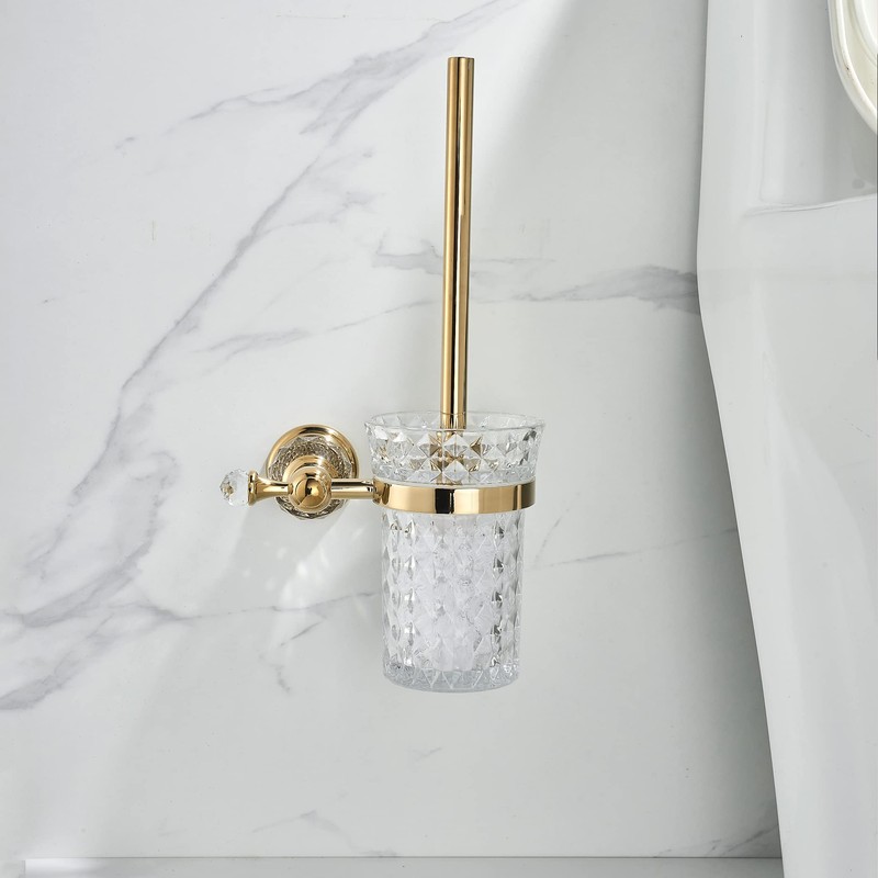 WOLIBEER Crystal Toilet Brush Holder, Polished Gold Brush Handle with
