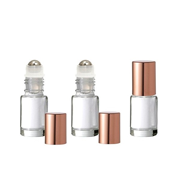Grand Parfums Colored Glass Aromatherapy 4ml Rollon Bottles with Stainless Steel Roller and COPPER CAPS (6 Sets, Clear)