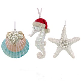 Coastal Christmas Ornaments - Seahorse, Starfish, Clam Shell Holiday Beach Tree Decorations, Set of 3