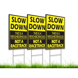 Set of 3 Please Slow Down Signs for Neighborhoods with Metal H-Stake 12x8 - Plastic Double Sided Street Slow Sign - Children at Play Safety Signs for Street - Drive Like Your Kids Live Here Yard Sign