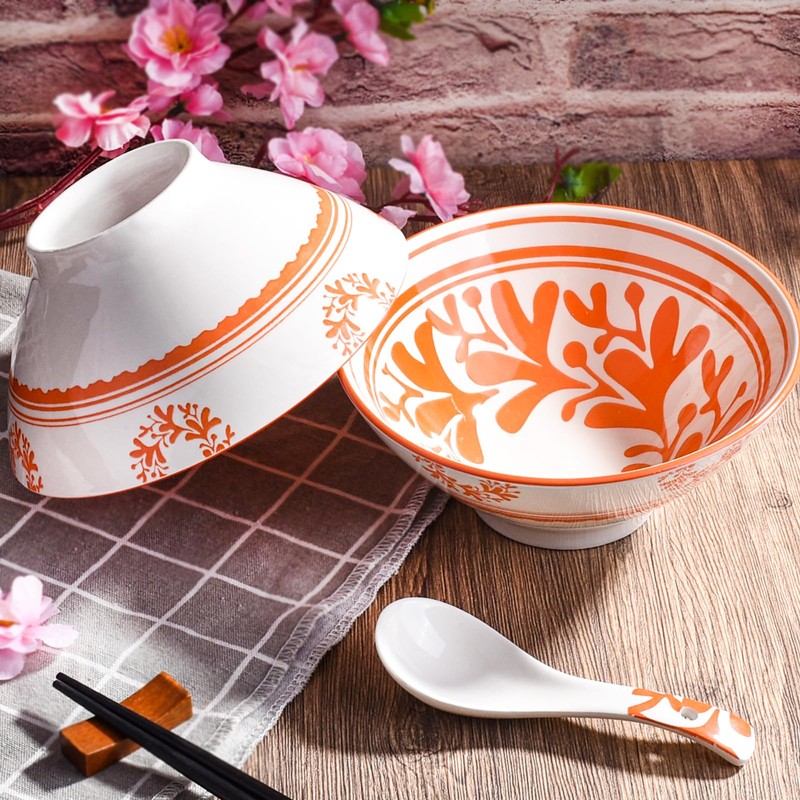 Japanese Ceramic Ramen Bowl Set of 2, 7'' Porcelain Pho