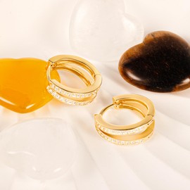 Double Gold Hoop Earrings for Women, ALEXCRAFT Small Gold Cartilage Huggie Hoop Earrings With Zirconia Stone 925 Sterling Silver Goldplated Small Lightweight Chunky Wide Thick Gold Hoop Earring