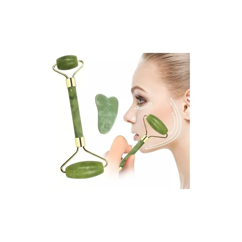 Rodillo De Jade Y Guasha Kit Masaje Facial Antiedad Tonifica