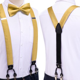 Dubulle Gold Suspenders for Men and Gold Bow Tie Pocket Square Set