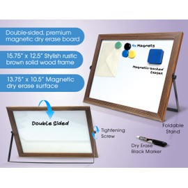 Wooden Framed Double Sided Magnetic Whiteboard with Folding Metal Stand, 16" x 12.5", Rustic Brown Color, Portable Desktop Dry Erase Board, with Marker, Eraser and 4 Magnets