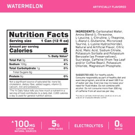 Optimum Nutrition Amino Energy Sparkling Hydration Drink, Electrolytes, Caffeine, Amino Acids, BCAAs, Sugar Free, Watermelon, 12 Fl Oz, 12 Pack (Packaging May Vary)