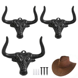 HWAQHDYL 3 pcs Cowboy Hat Hanger Metal Cast Iron Cowboy Hat Holder Black Retro Cowboy Hat Rack ​Western Longhorn Hooks for Storage and Closet Bedroom Decorative Wall Hooks (Ox Head)