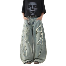 DFGIGT Men's Baggy Jeans Hip-hop Fringe Frayed Edges Jeans Wide Leg Denim Pants Loose Fit Distressed Straight Leg Relaxed Fit 2000s Extreme Motion Skater Skateboard Street,A20 Dark Blue,XX-Large