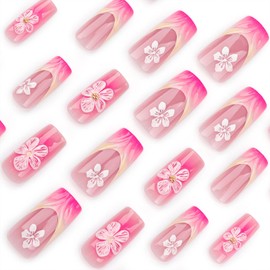 Square Press on Nails Medium Length Fake Nails Pink Yellow French Nails Press ons Glossy Glue on Nails Nude Acrylic Nails Gradient False Nails with Flower Designs Cute Stick on Nails for Women 24Pcs