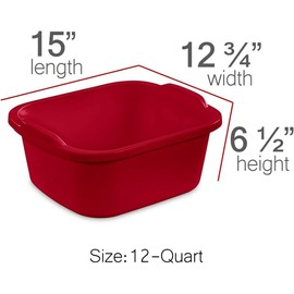 Dish Pans for Kitchen Sink, Plastic Tub Dishpan Wash Basin and Foot Bath for Soaking Feet, Wash Bucket for Washing and Storage Cleaning Supplies - 12 Quarts - Heavy Duty (Red, 16 Pack)