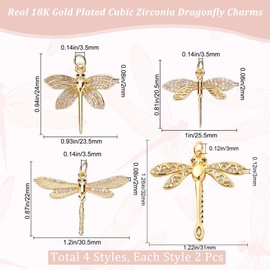 Beebeecraft 8Pcs 4 Styles Dragonfly Charms 18K Gold Plated Flying Animal Charms with Cubic Zirconia Wing Insect Animal Pendants for Spring Summer Bracelets Necklace