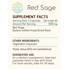 HerbEra Red Sage 120 Capsules, 1000 mg, Red Sage (Dan Shen, Salvia Miltiorrhiza) Dried Root (120 Capsules)
