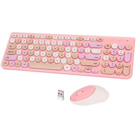 GUKJOB Wireless Keyboard and Mouse Combo, Retro Typewriter Wireless Keyboard with Round Keycaps, 2.4GHz Full-Size USB Cute Wireless Keyboard Mouse for Computer, Desktop, Laptop and Computer (Pink-Colorful)