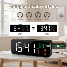 Netzu 3-in-1 Digital Clocks for Living Room with Temperature, Date & Time Display - 4 Levels Birghtness, 3 Volumes, Plug-in Alarm Clock for Bedroom, Office
